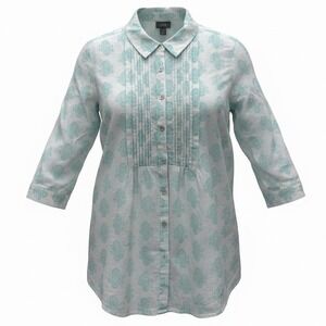 J. Jill Linen Button Down Womens MP Medium Petite Tunic Aqua Blue Pintuck Top
